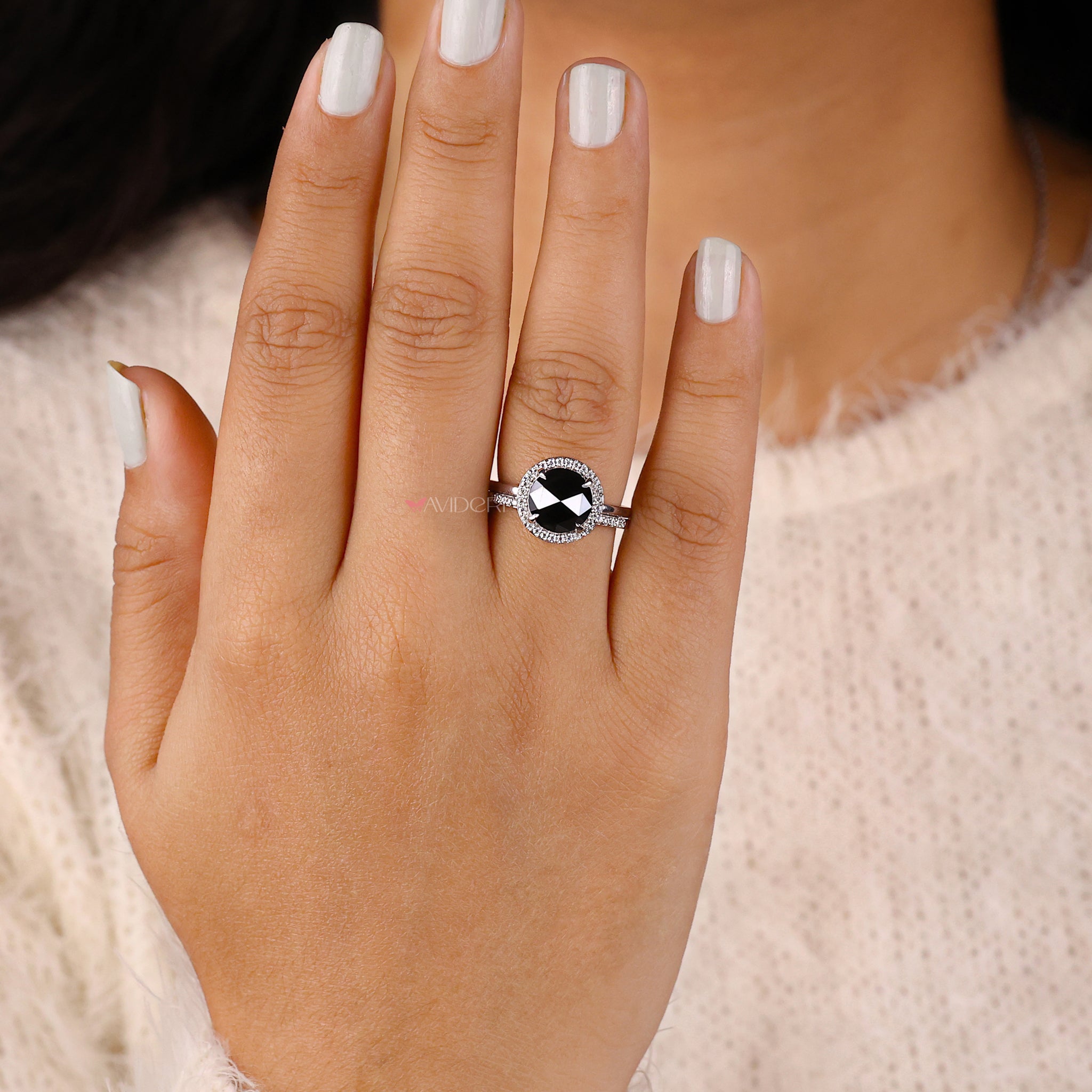 Moissanite bridal ring sets featuring a round rose cut engagement ring.