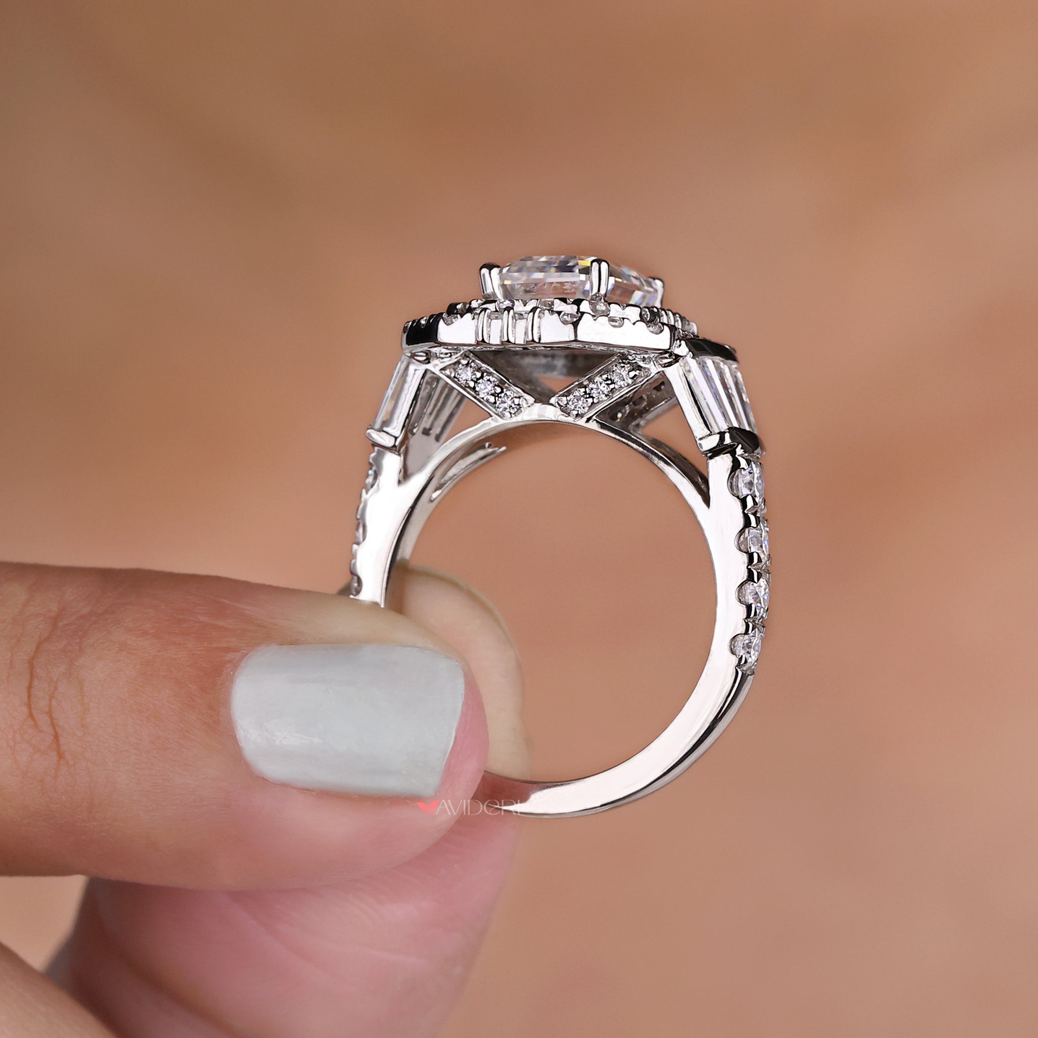 Gold emerald cut ring, round side stone ring, moissanite engagement ring