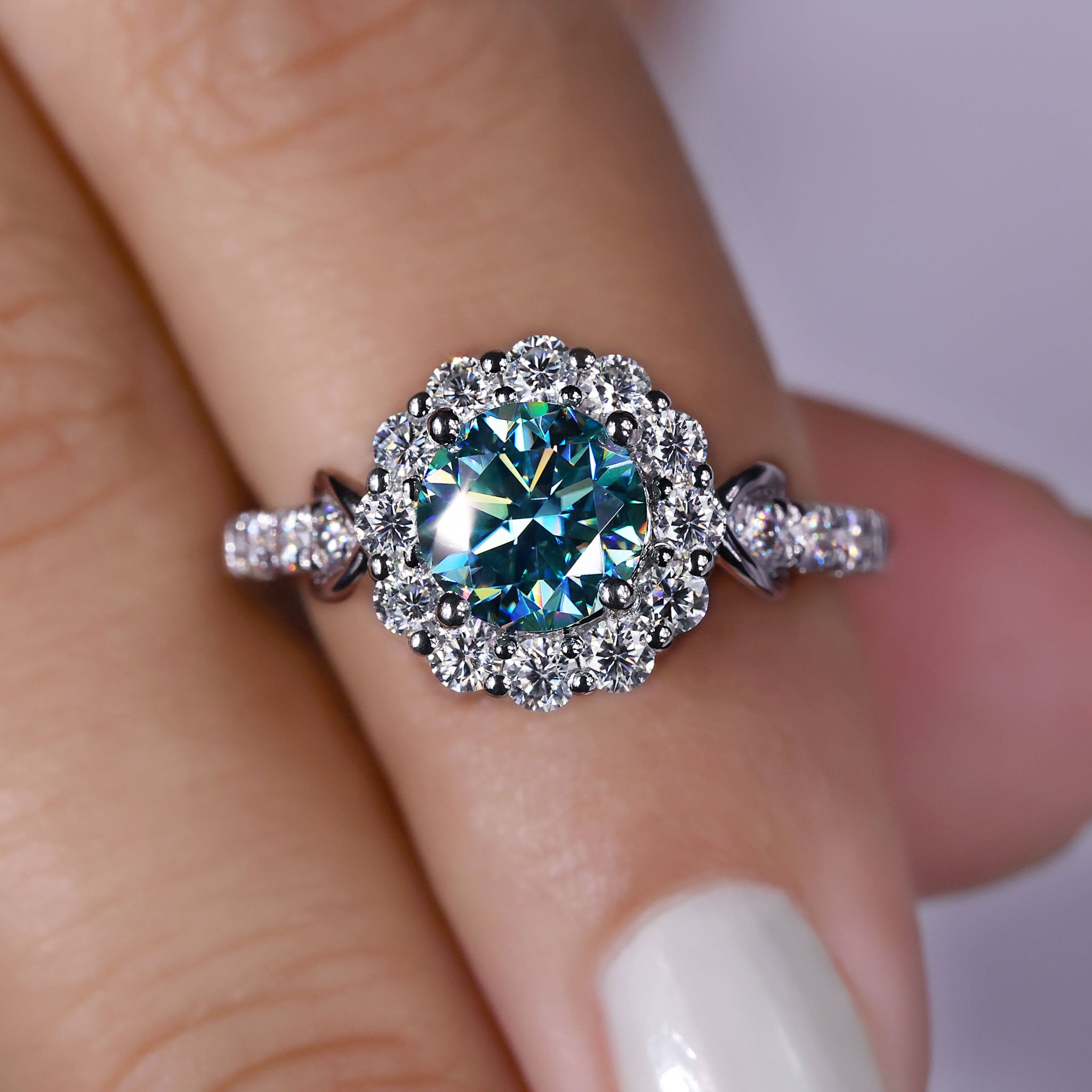 Round Moissanite Ring with a brilliant sparkle.