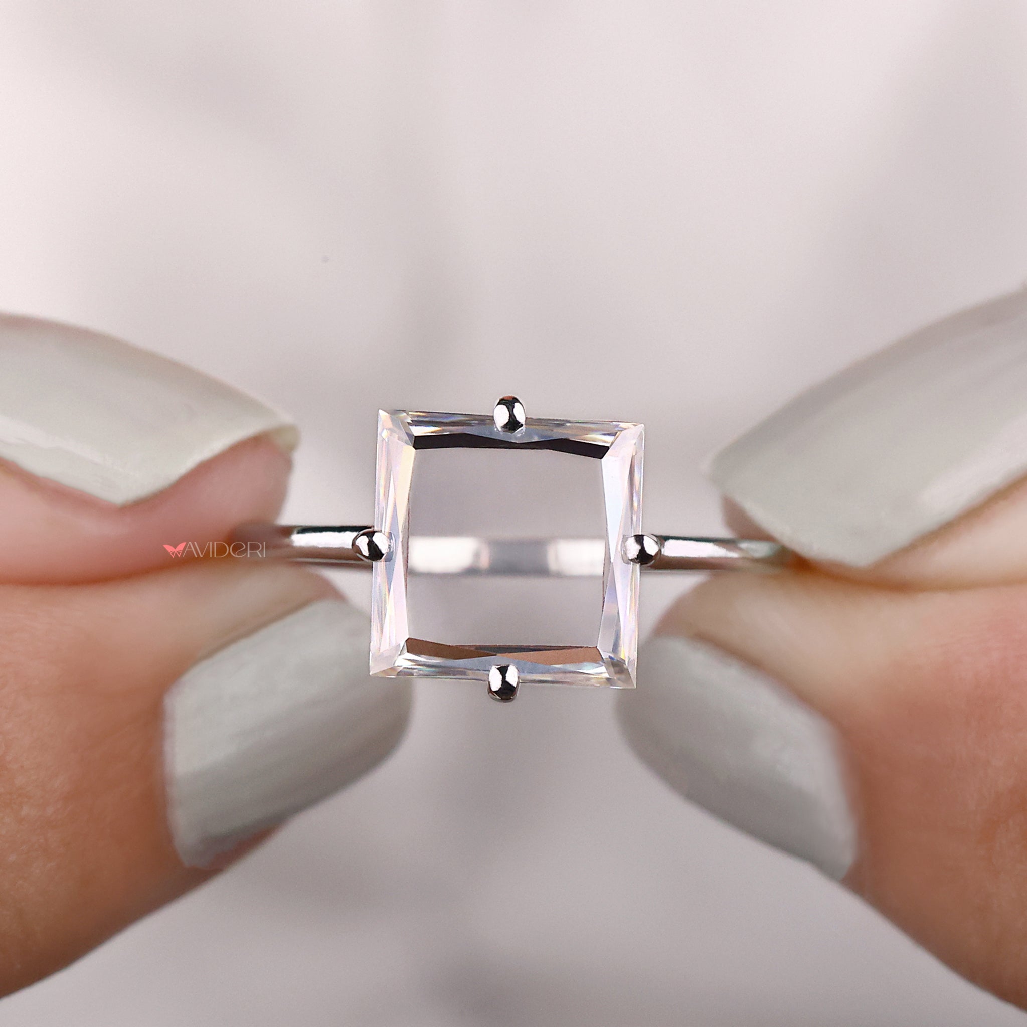 Square portrait cut ring, open gallery ring, avideri engagement ring