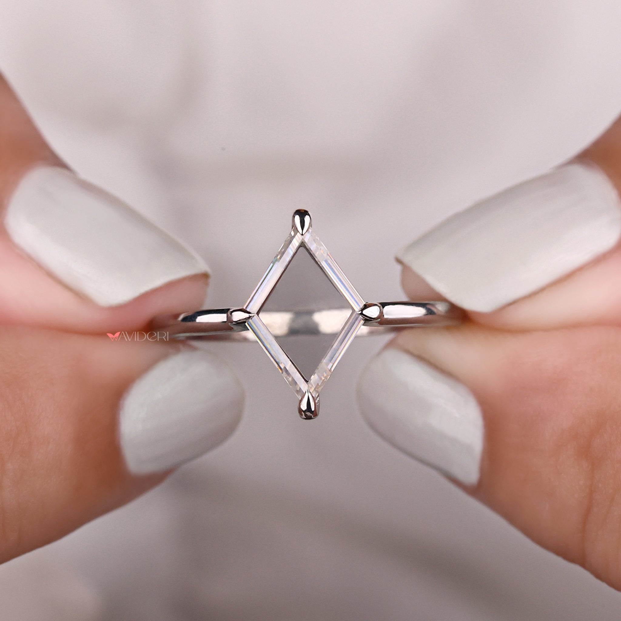 Lozenge Portrait cut ring, open gallery ring, moissanite wedding ring