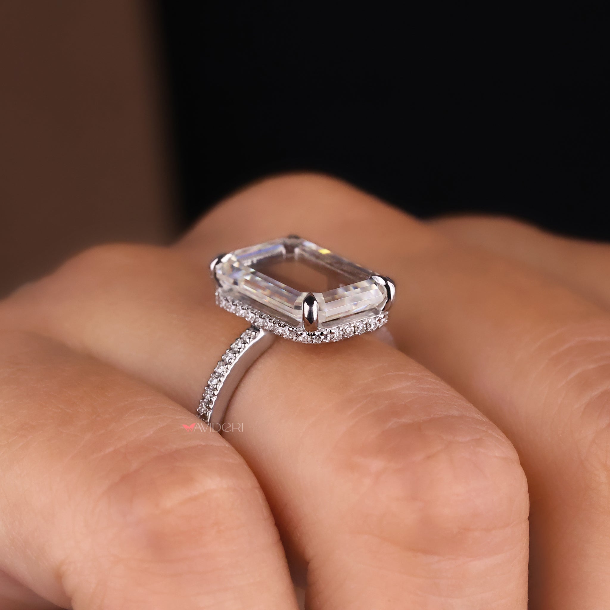 White gold engagement ring, hidden halo ring, moissanite engagement ring