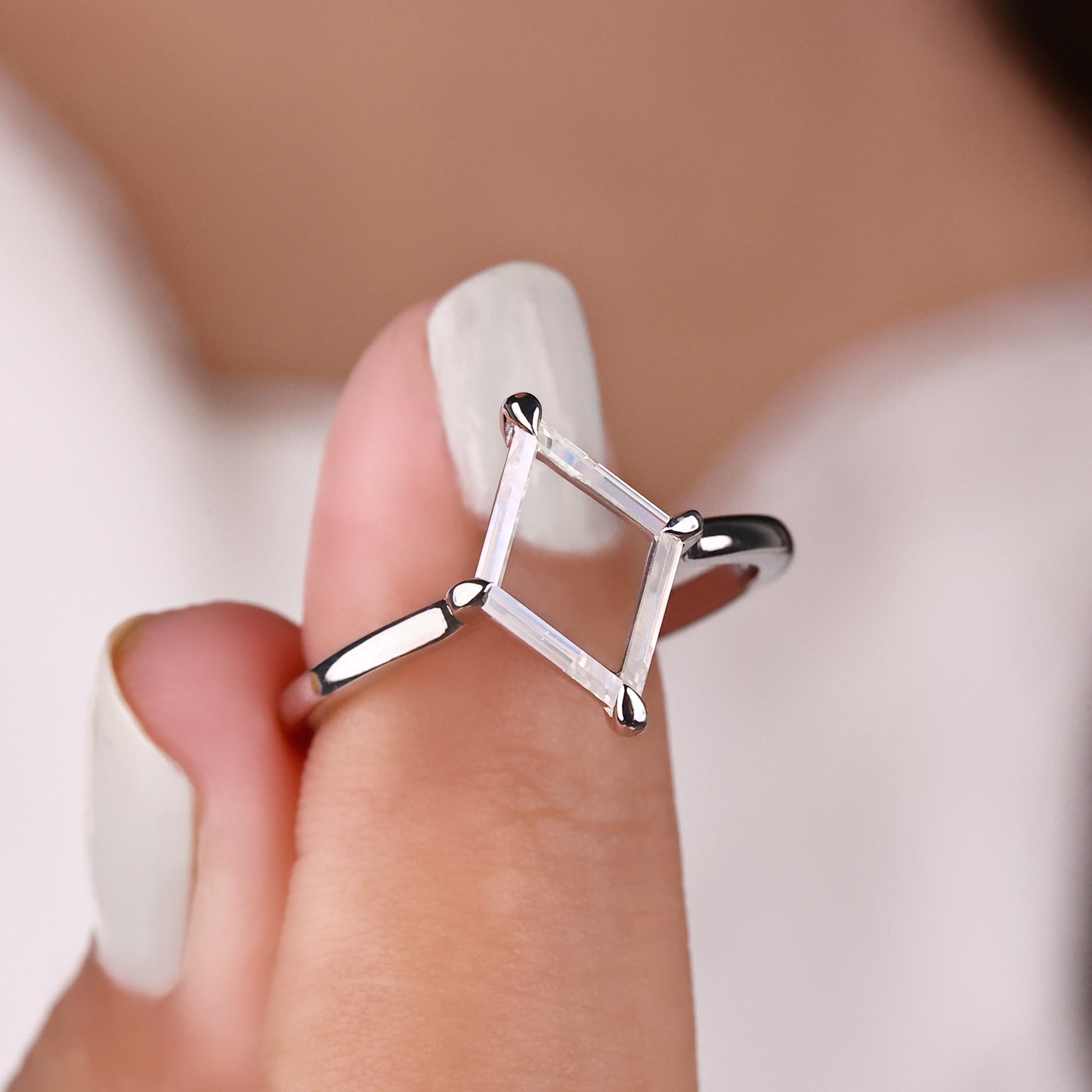 Lozenge Portrait cut ring, white gold ring, handmade ring