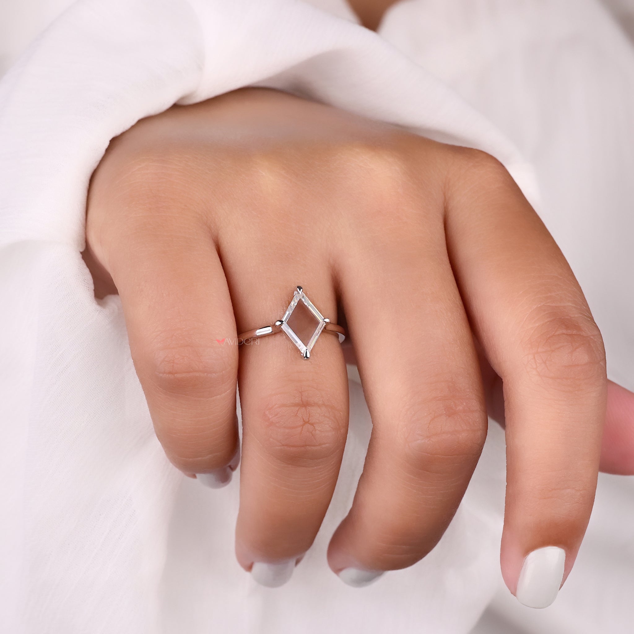 Lozenge Portrait ring, moissanite gold ring, white gold ring