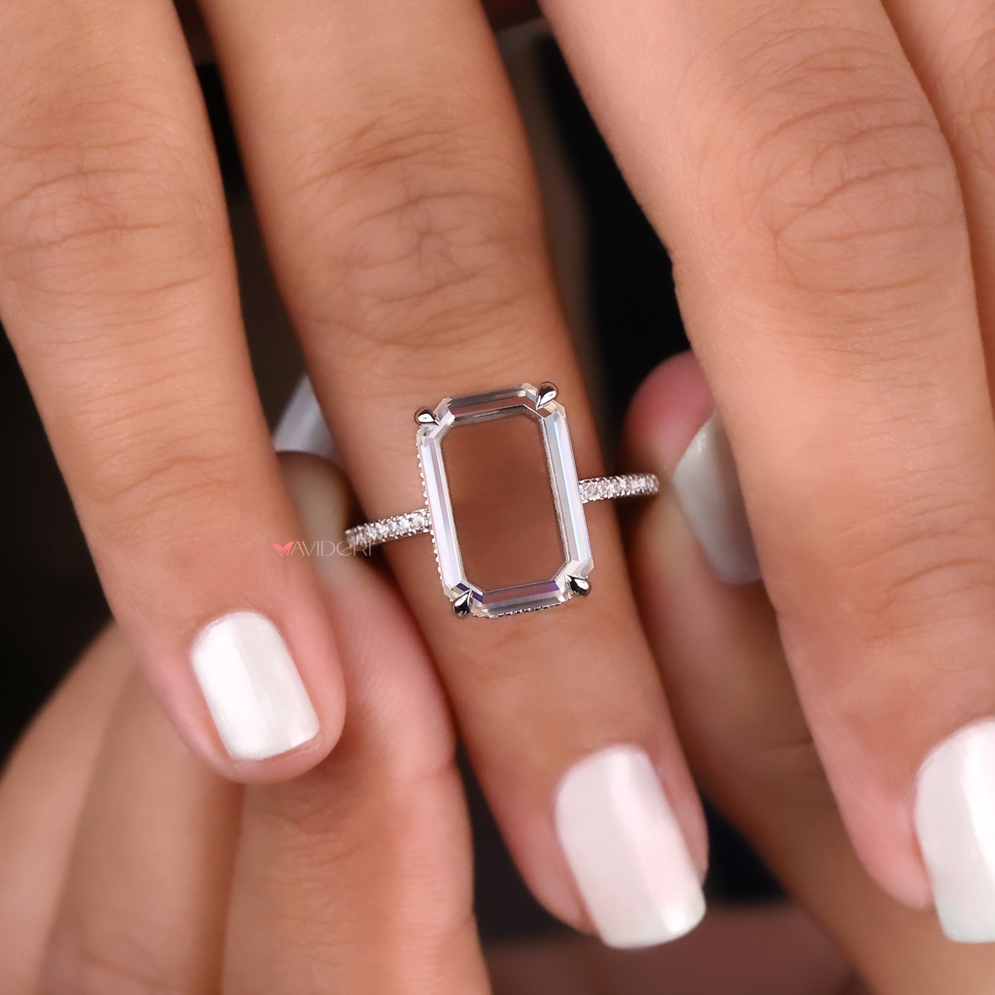 Emerald Portrait cut ring, moissanite engagement ring, open gallery ring