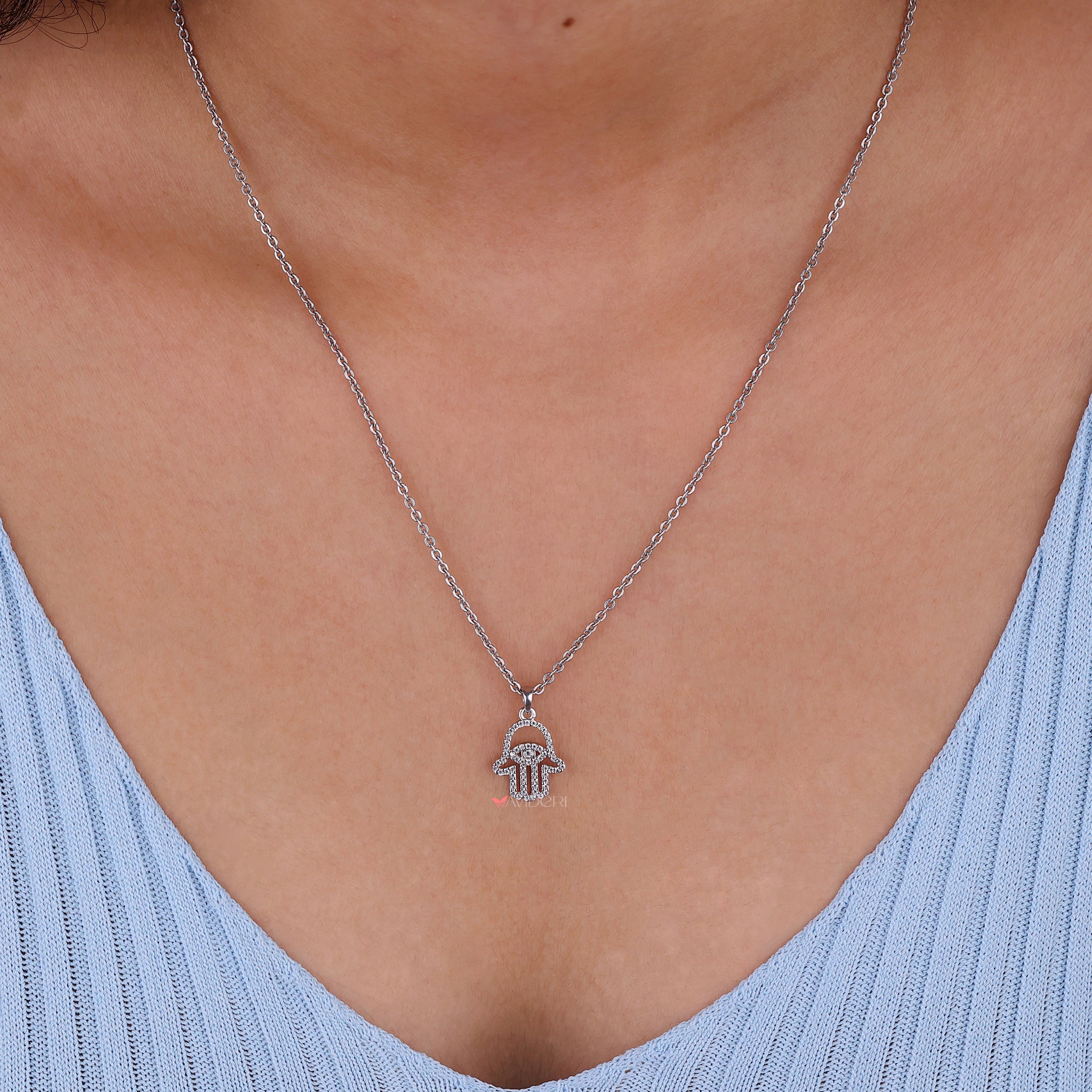 Hamsa Pendant Featuring Round Cut Moissanite