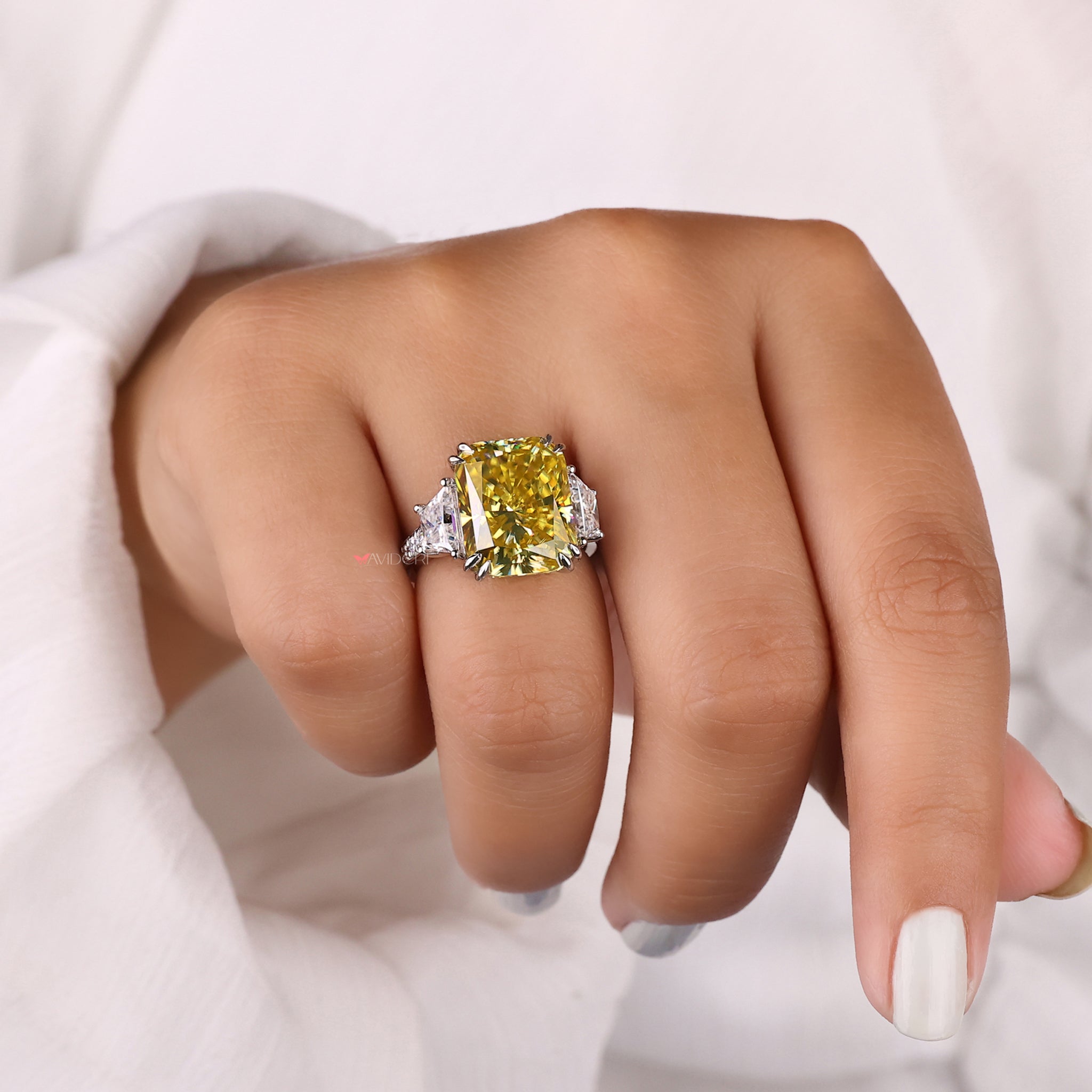 Epaulettes ring, white gold engagement ring, radiant cut ring