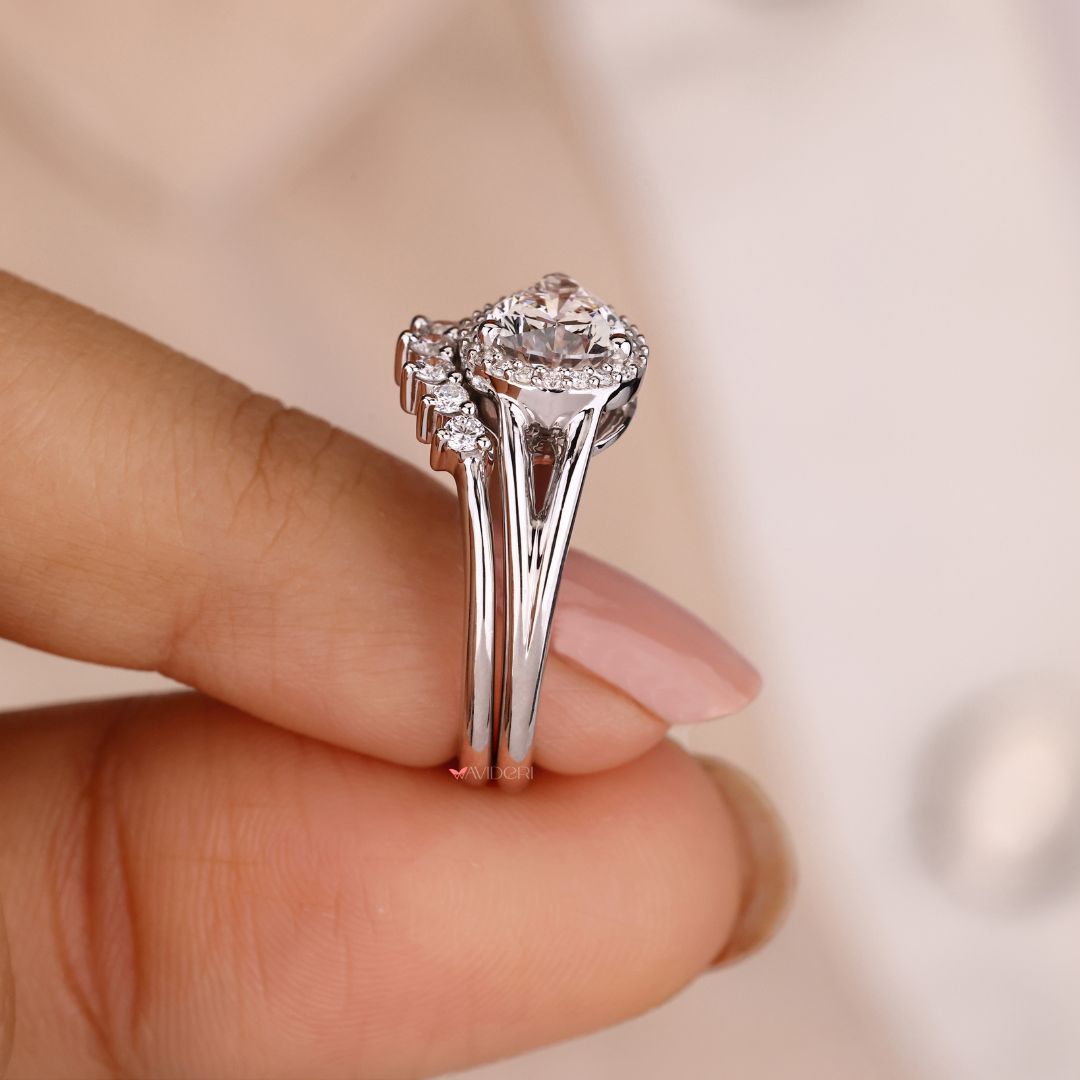 Split shank engagement ring with wedding band showcases modern elegance and style.