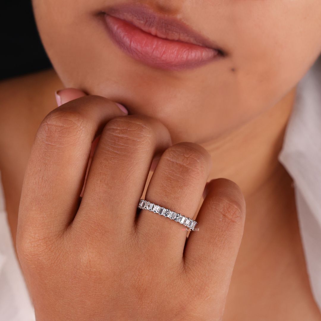 Half eternity wedding band delivers balanced beauty and comfort for everyday wear.