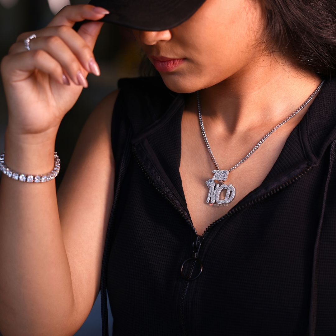 Custom hip hop pendant in white gold finish.