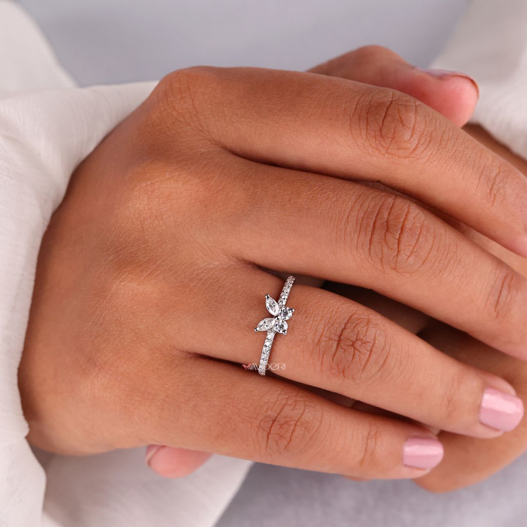 Marquise moissanite ring in a moissanite wedding band