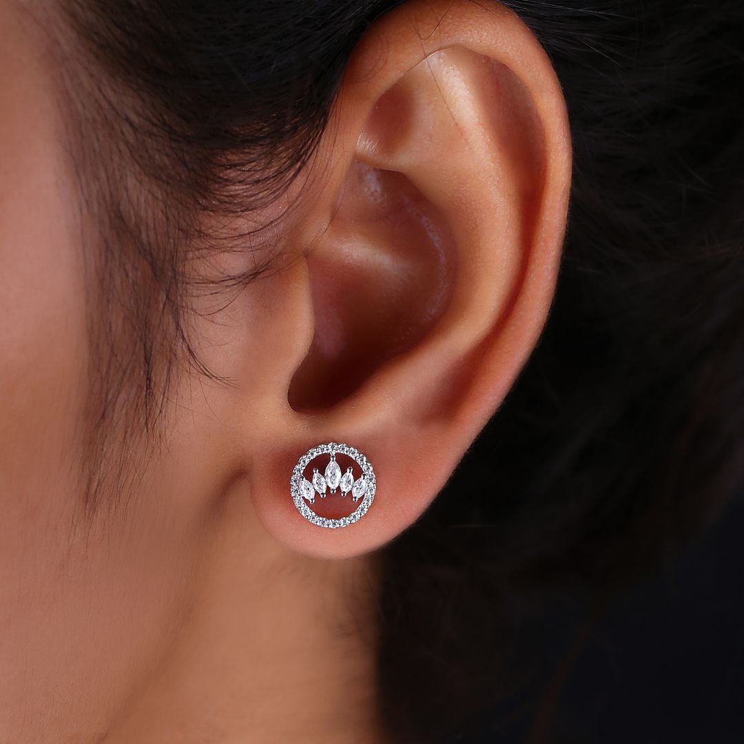 Avideri Earrings featuring round cut Moissanite with a unique Halo Stud design in white gold.