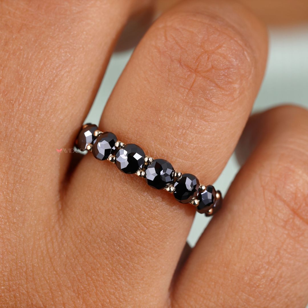 Round rose cut wedding band captures light with soft sparkle.