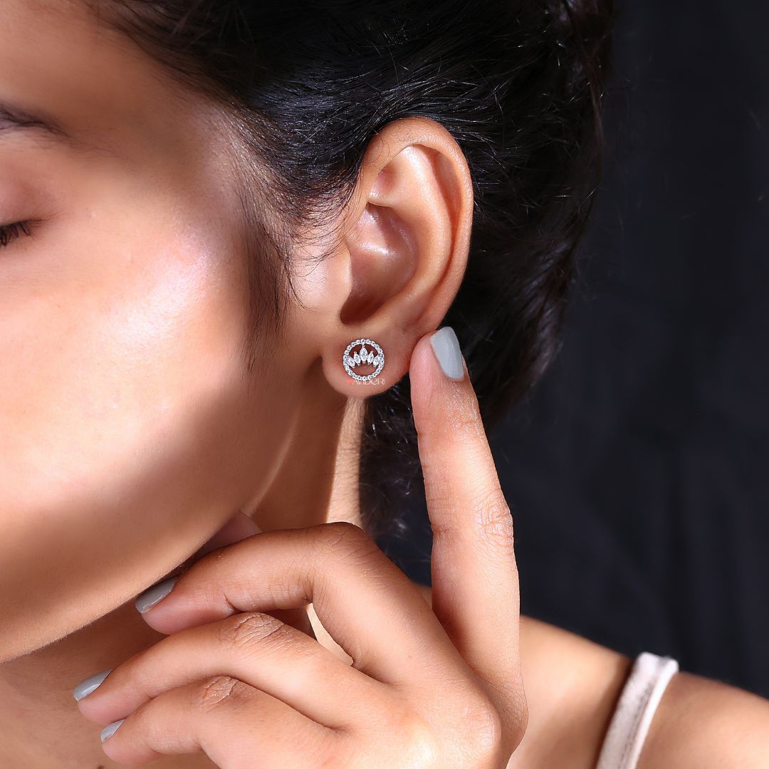 White Gold Earrings featuring Halo Stud design with round cut Moissanite for a classic style.