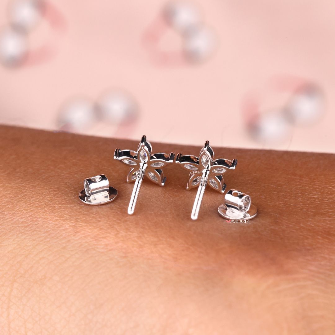 Moissanite stud earrings in Marquise cut with screw back earrings for secure wear.