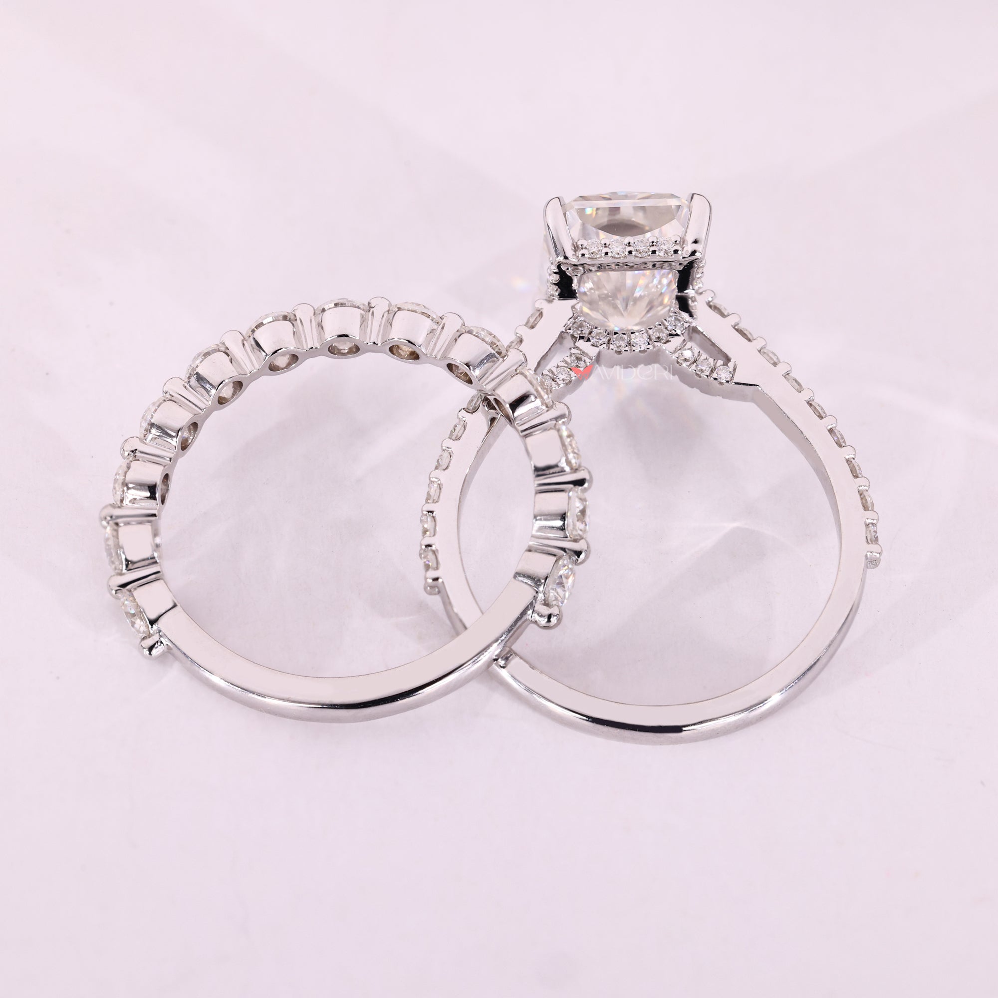 White gold bridal set with radiant cut moissanite.