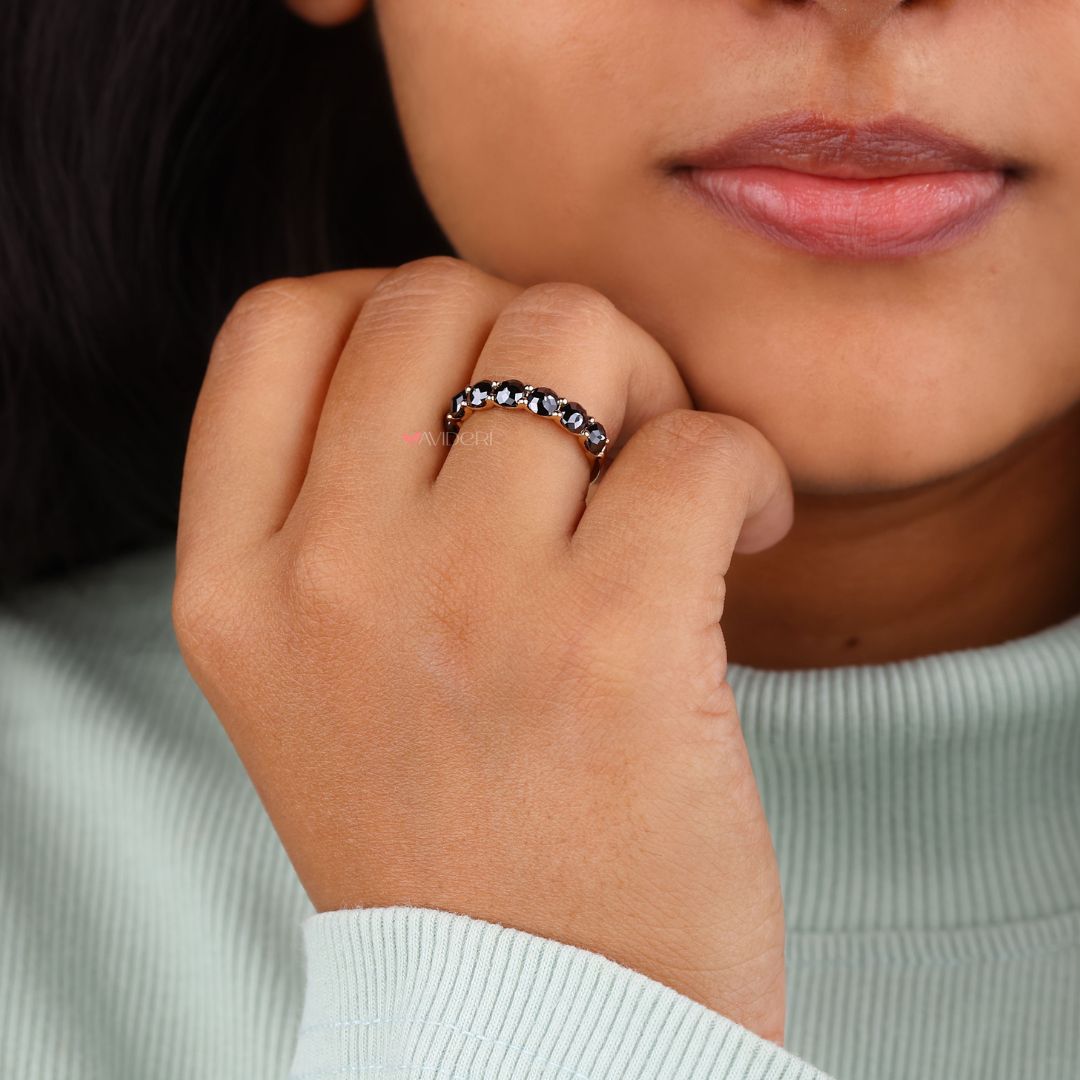 Black round rose cut wedding band offers a unique and stylish look.