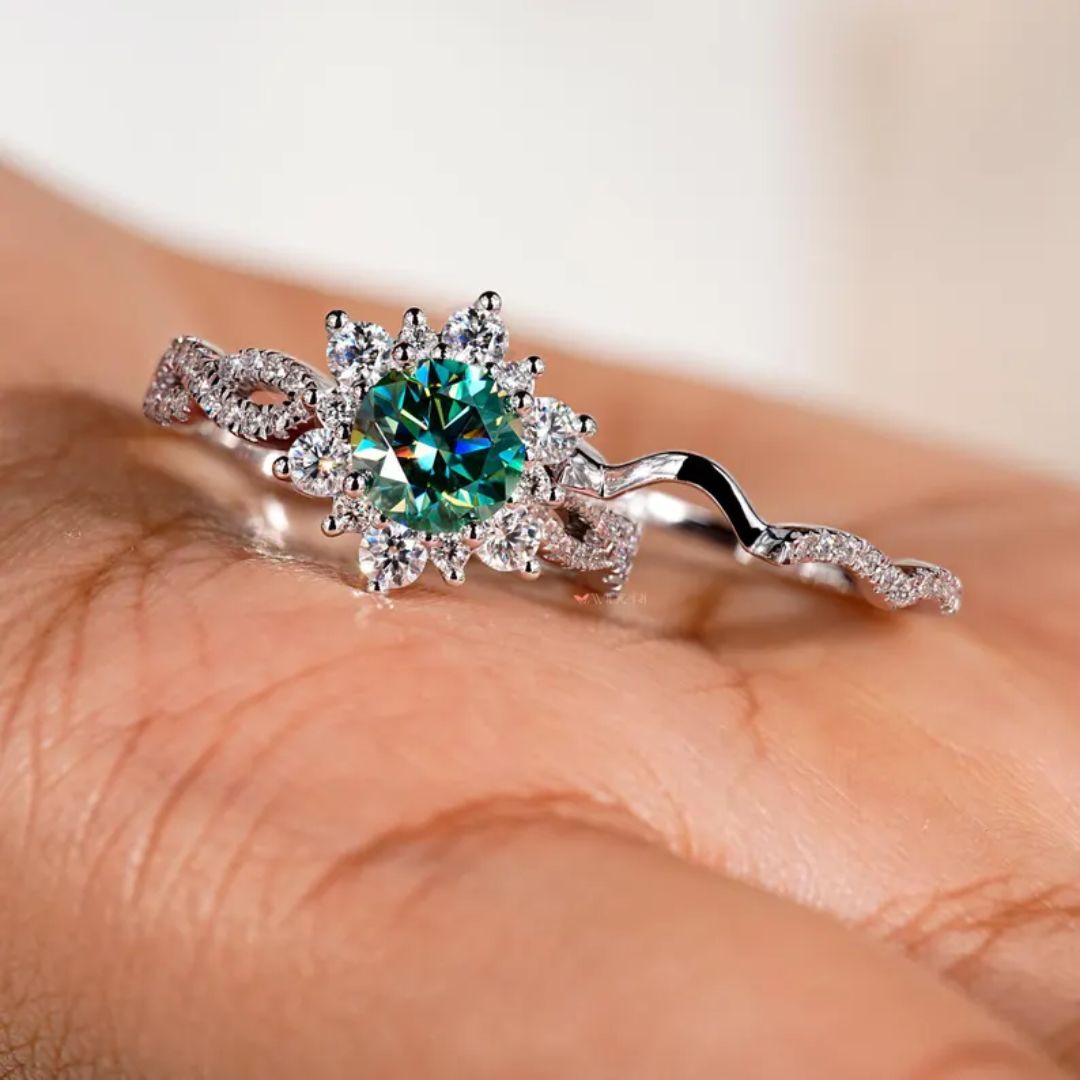 Engagement ring with wedding band matches perfectly for a full set.