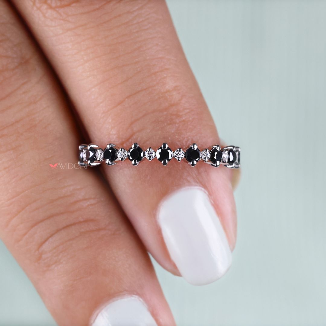 White and black Moissanite Band, black moissanite wedding band