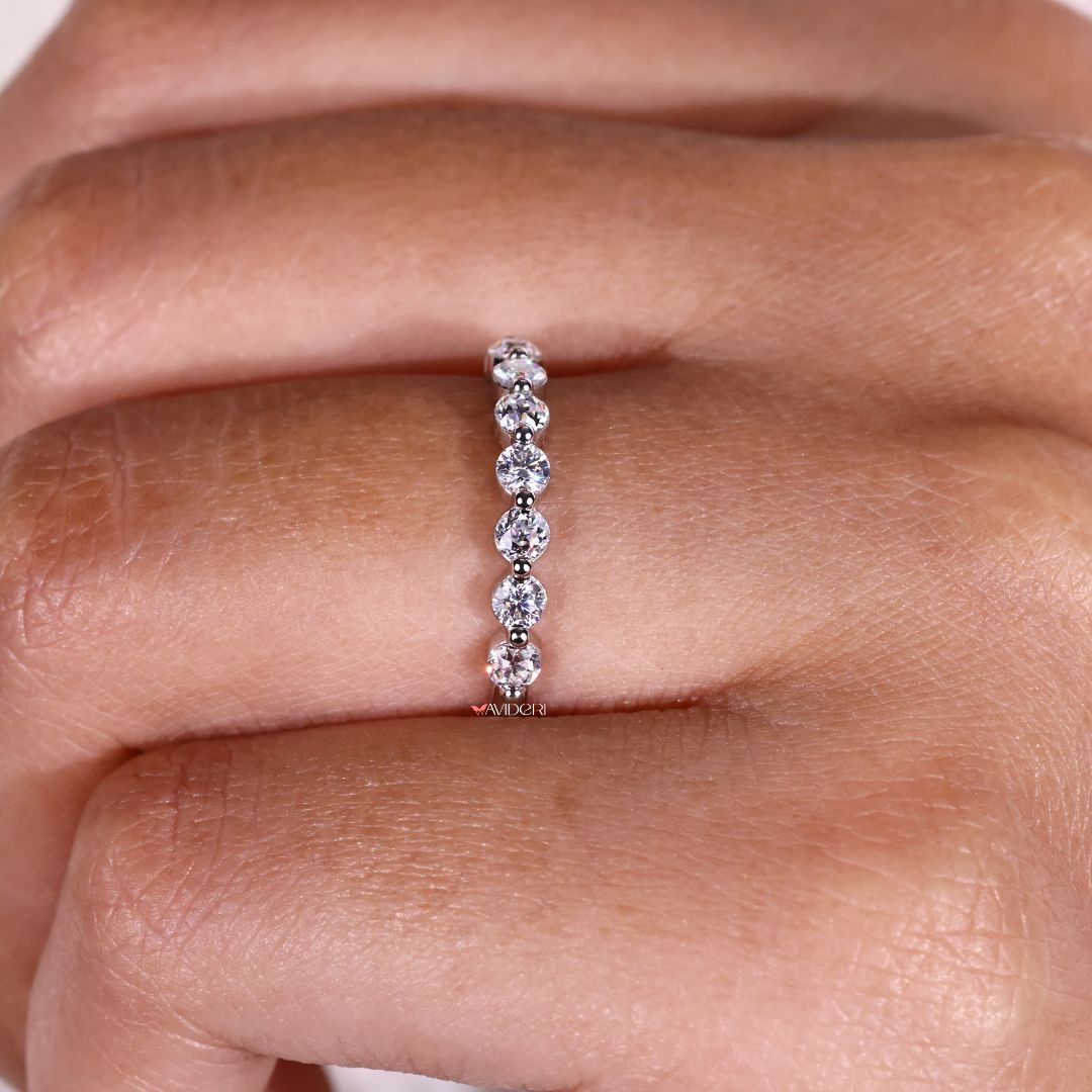 Shared prong band, designer wedding band, moissanite band.