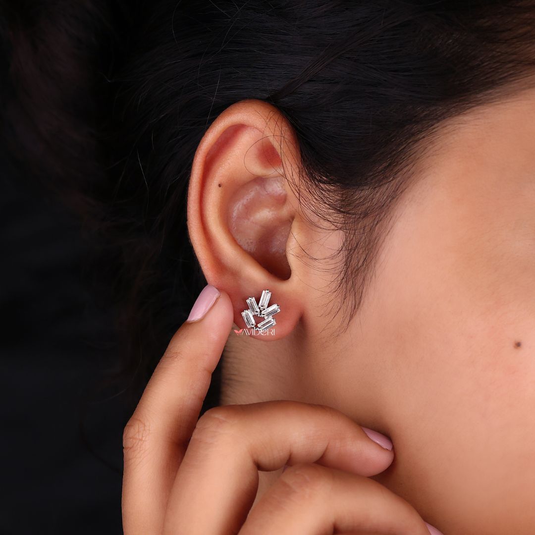 Prong Setting Earrings featuring sparkling Moissanite stones in white gold.