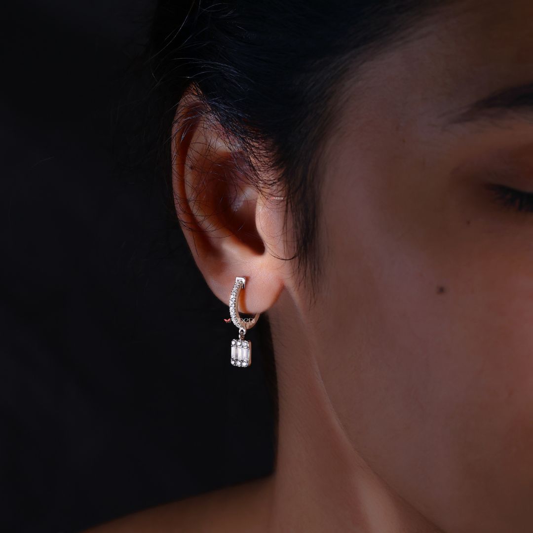 Wedding gifts for women with elegant baguette cut Moissanite dangle earrings.