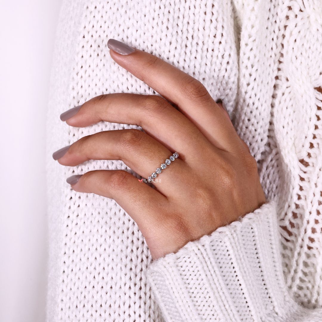 Moissanite wedding band, handmade jewelry, round old European cut band.