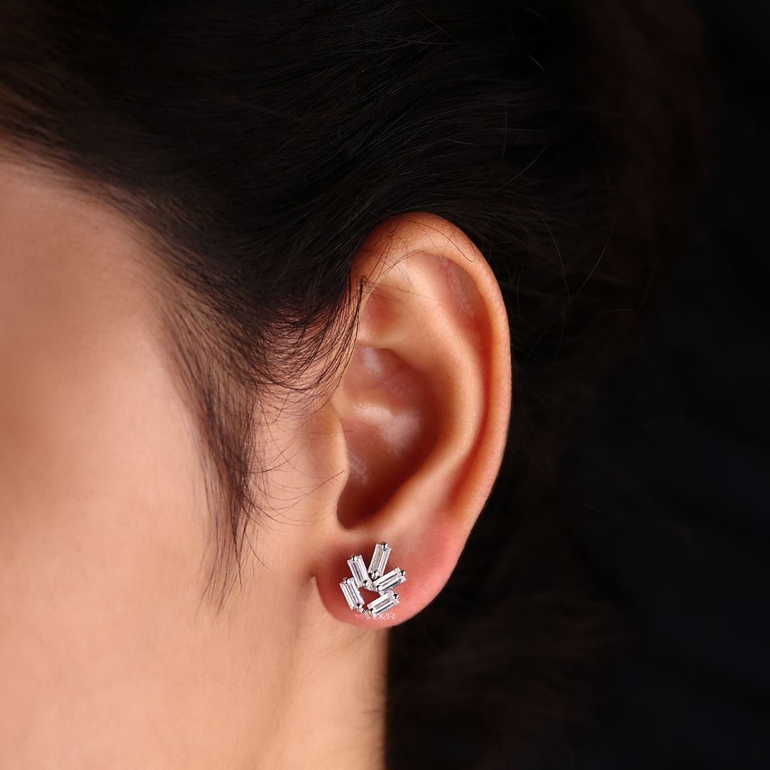 Moissanite Earrings in white gold with a classic baguette cluster design.