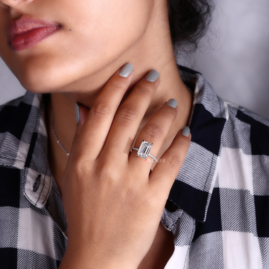 Emerald Cut Hidden Halo Moissanite Ring