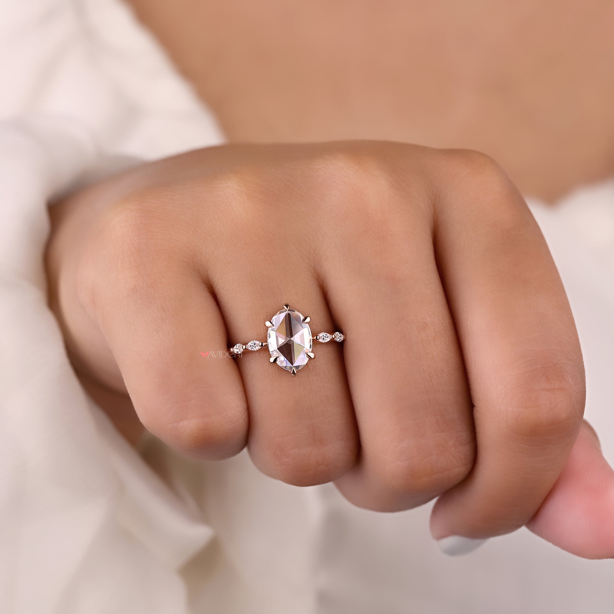 Oval rose cut ring, 6 claw prong ring, moissanite gold ring