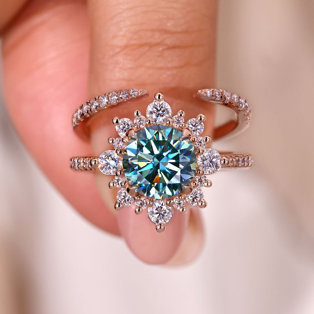 Halo engagement ring with wedding band design in rose gold.