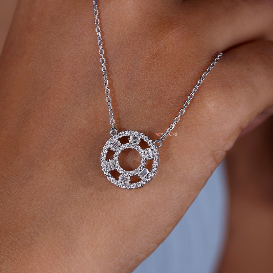 Baguette round diamond pendant necklace.