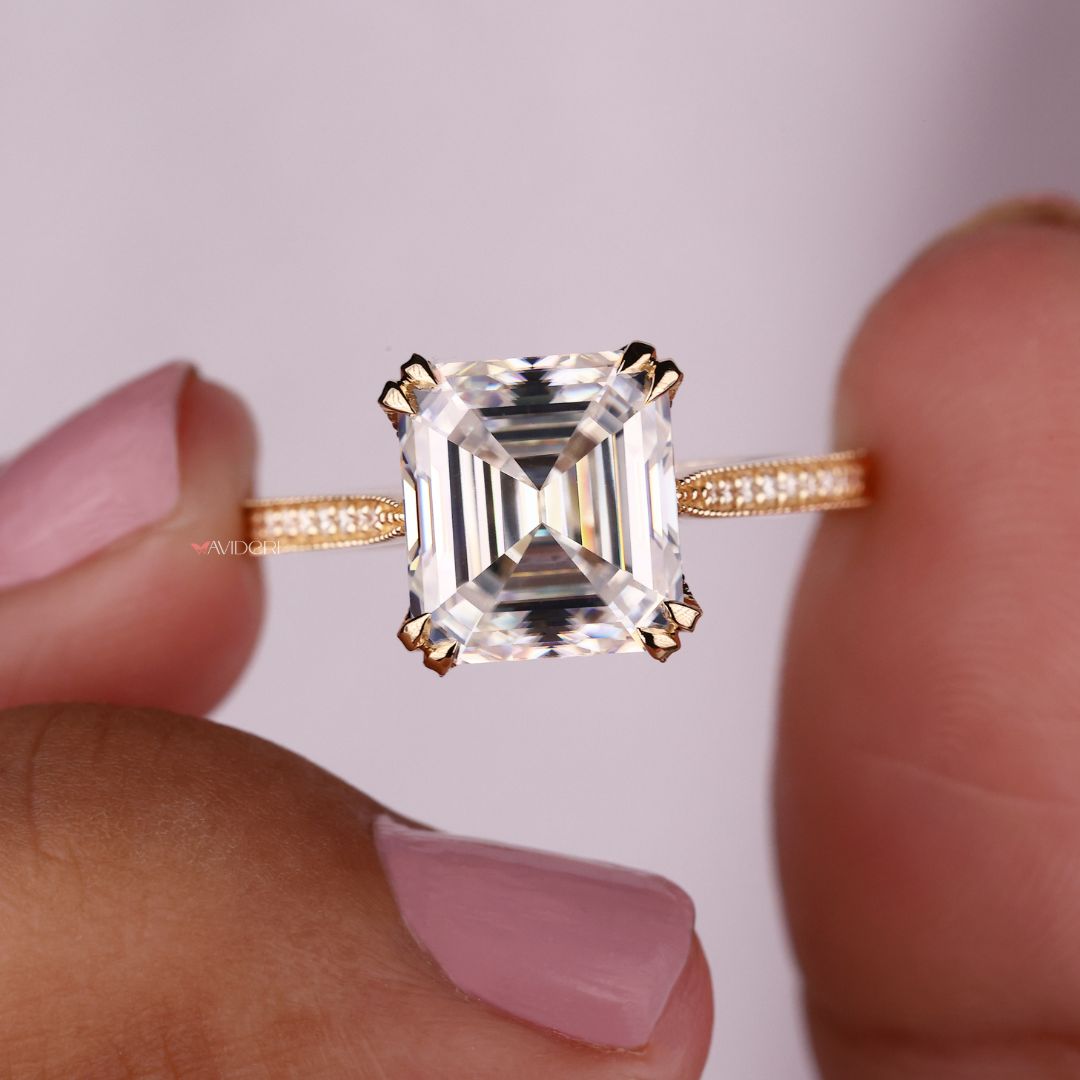 Moissanite gold ring featuring a luxurious, polished band