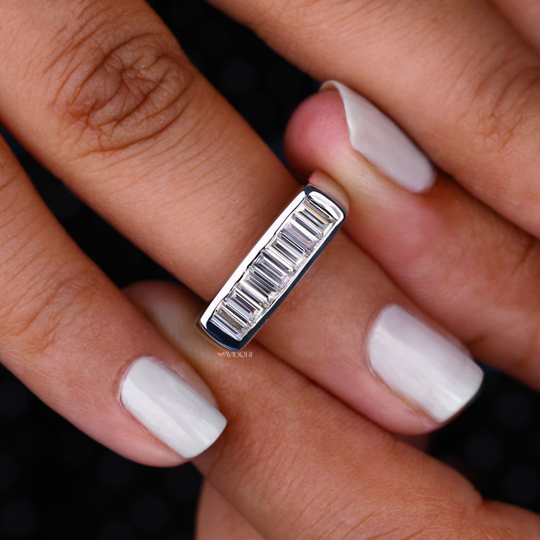 White gold wedding band provides polished shine and modern elegance.