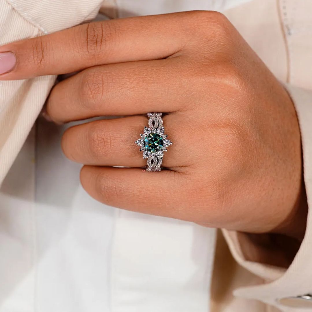 Moissanite eternity band sparkles all around with bright stones.