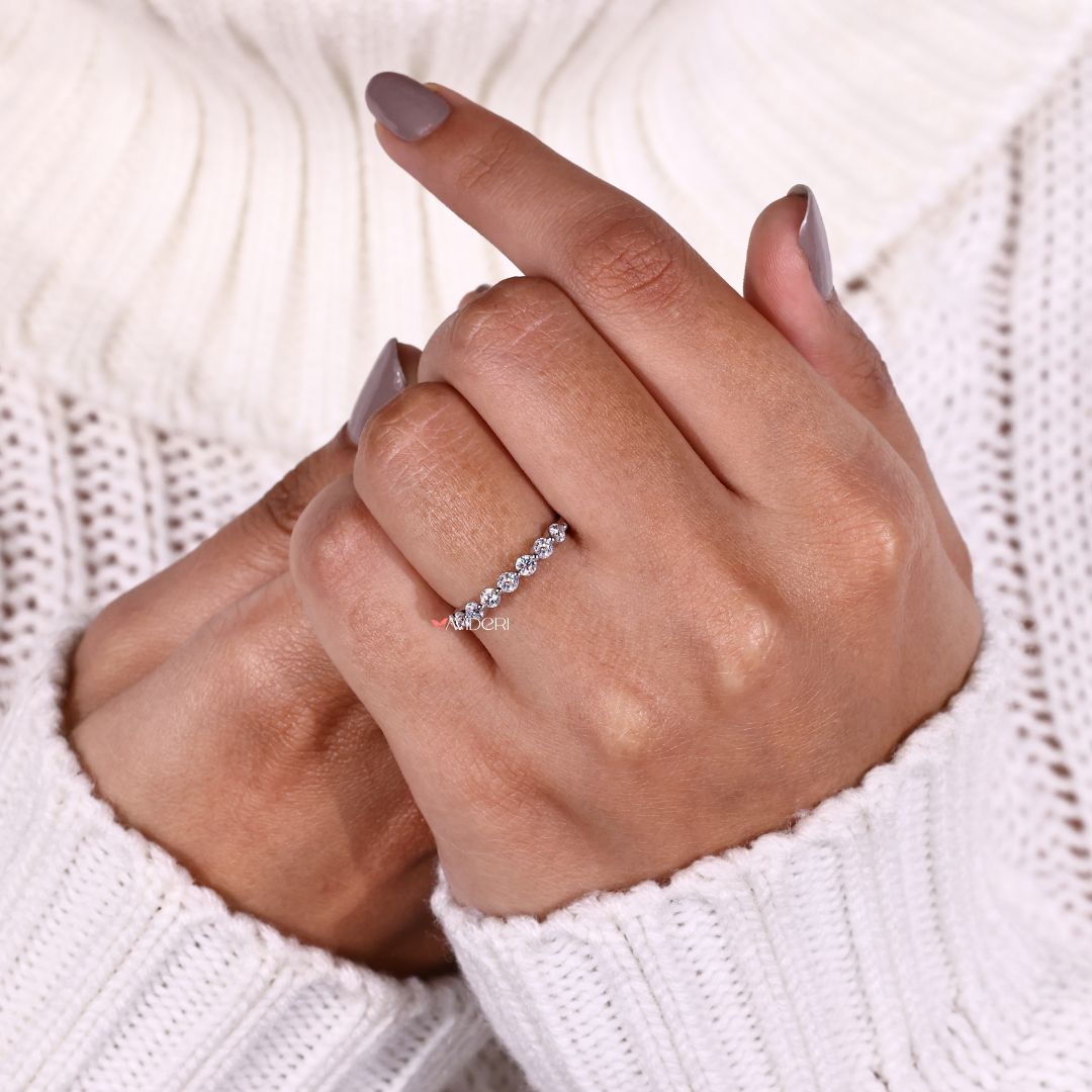 Round moissanite cut band, half eternity band, white gold band.