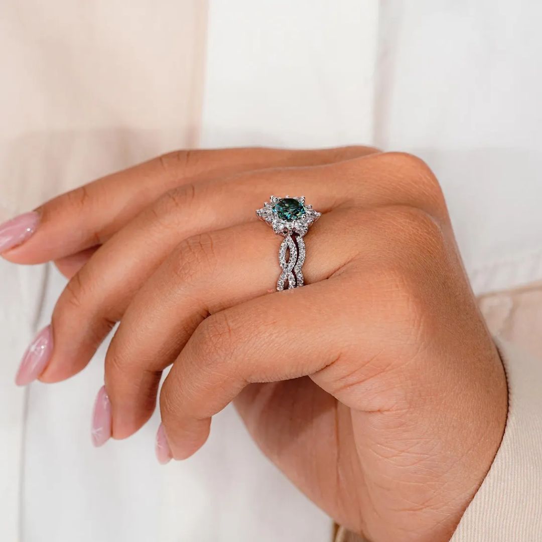 Moissanite bridal set offers full sparkle and a modern look.