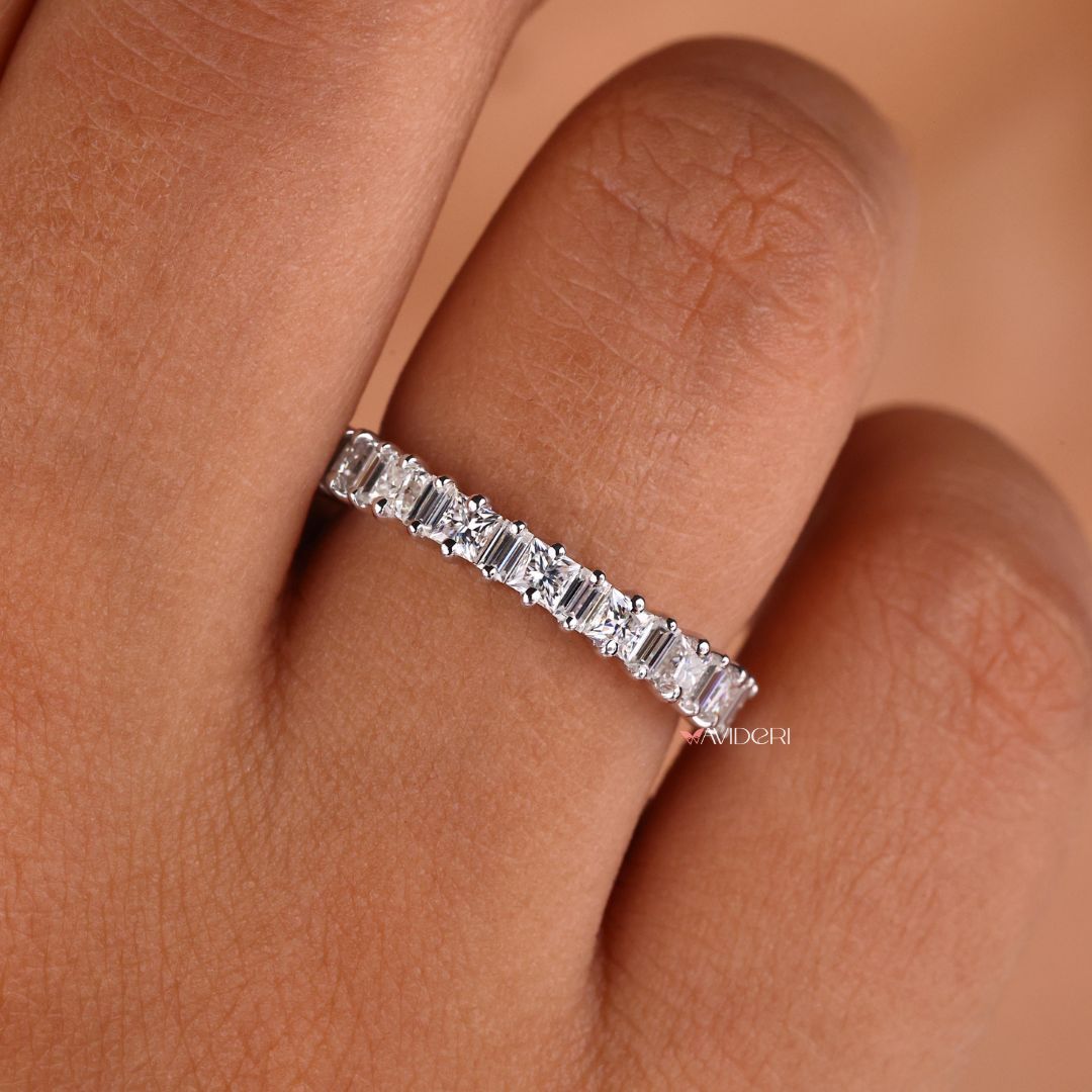 Princess and Baguette wedding band blends two classic cuts for a unique, sophisticated look.
