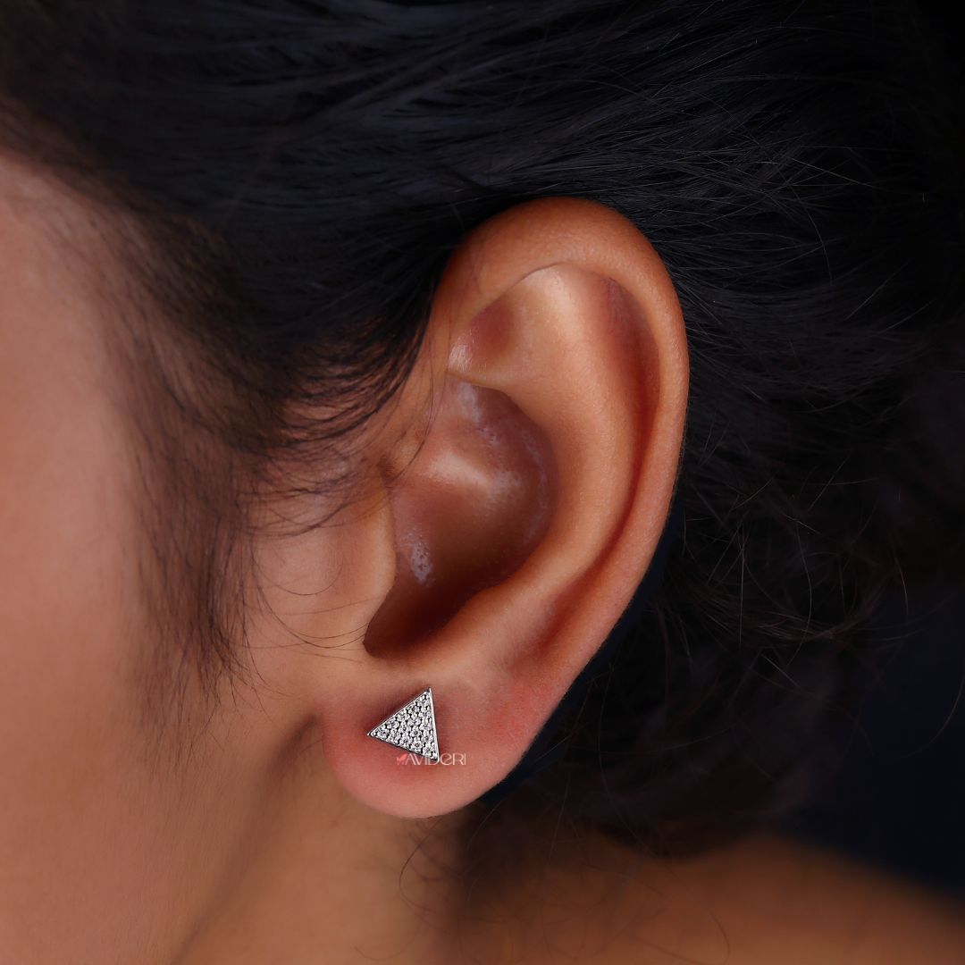 White gold earrings featuring a trendy triangle design with Moissanite stones.