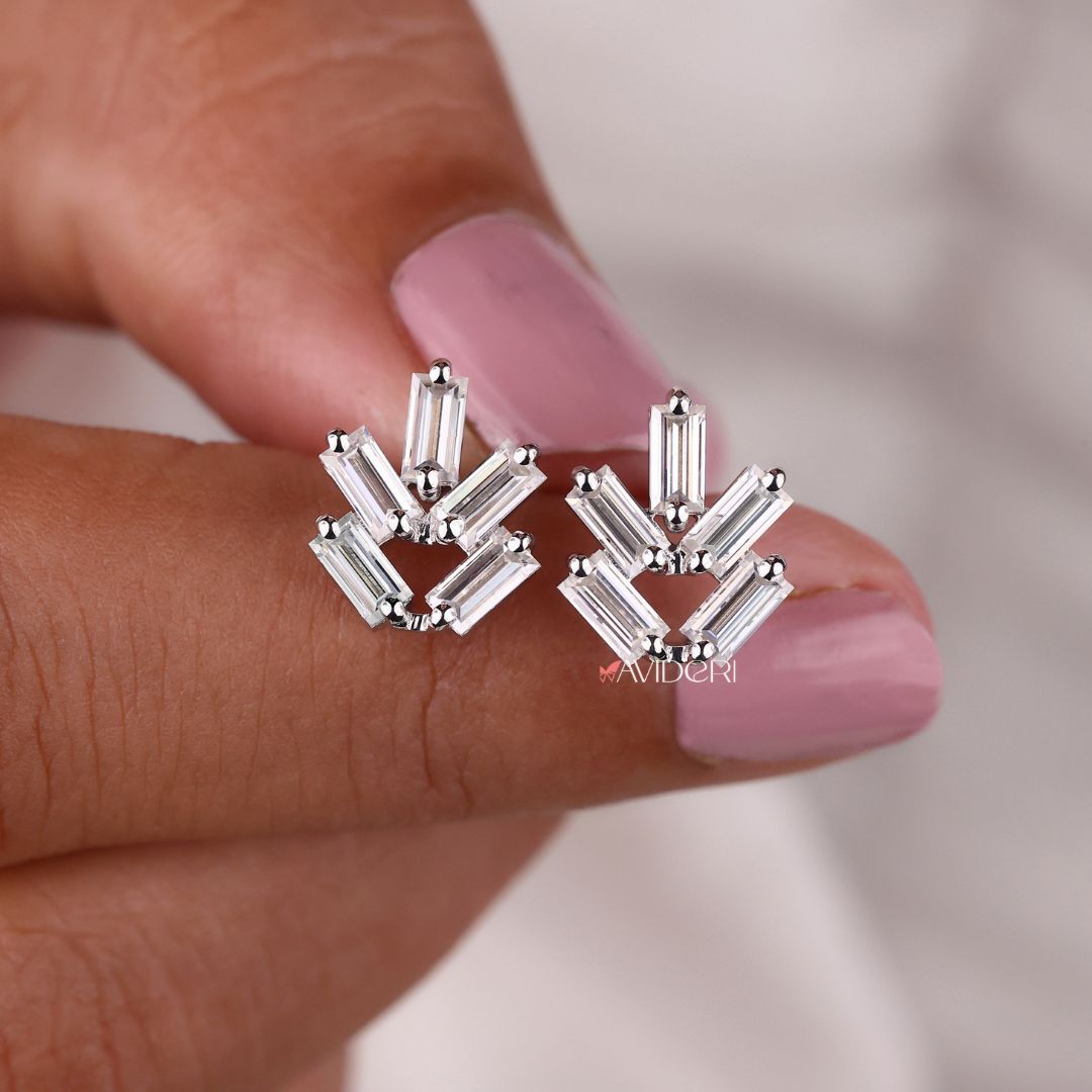 Handmade Jewelry featuring Moissanite stones and elegant Baguette Earrings.