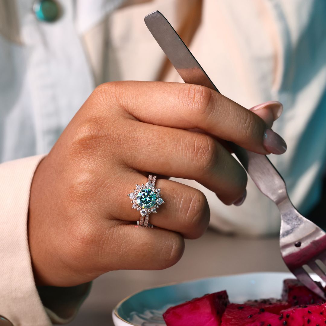 Cyan Blue Round Center Stone adds a vibrant touch to the ring.