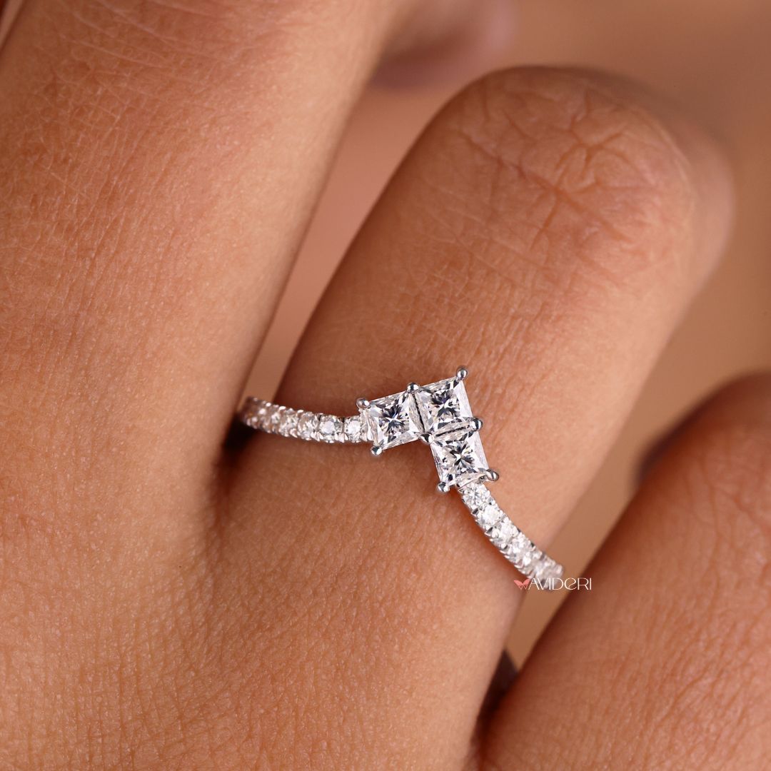 Princess cut wedding band offers stunning brilliance with sharp, geometric stone cuts.
