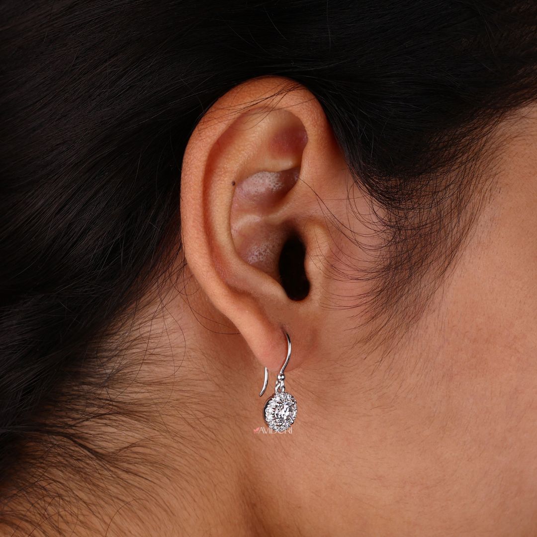 Moissanite wire hook earrings featuring round cut Moissanite for added shine.