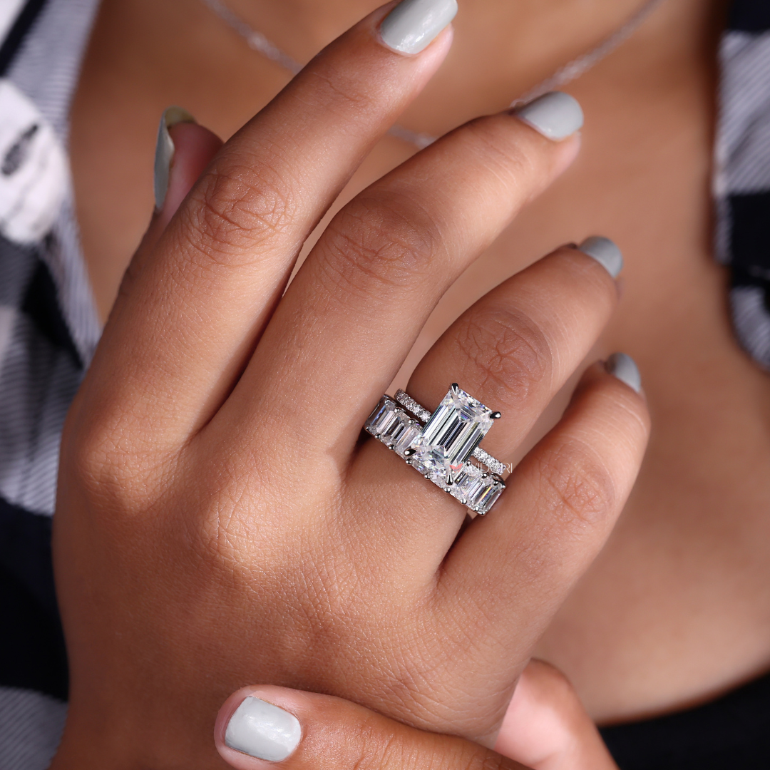Emerald Cut Hidden Halo Moissanite Ring
