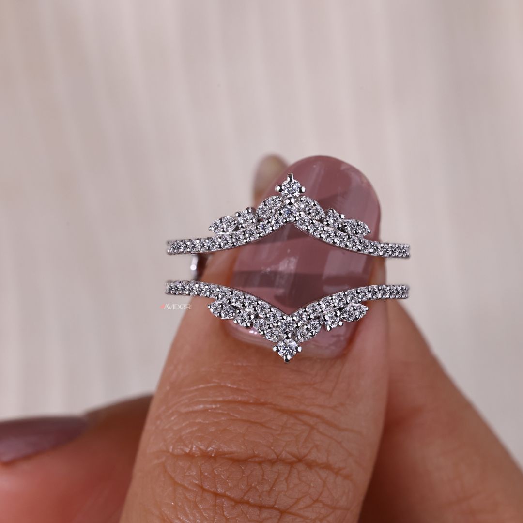 Round wedding band, wrap guard band, moissanite gold band