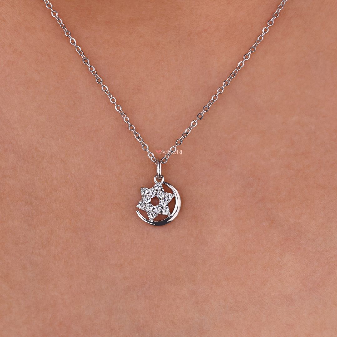 Moon star pendant necklace with round diamond accents