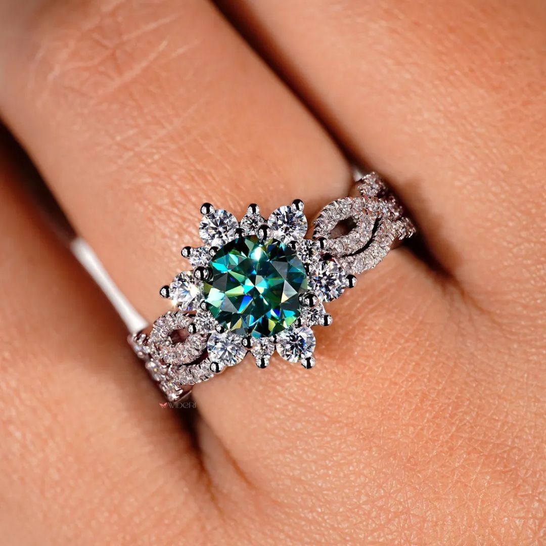 Round cut moissanite band adds soft sparkle with each stone.
