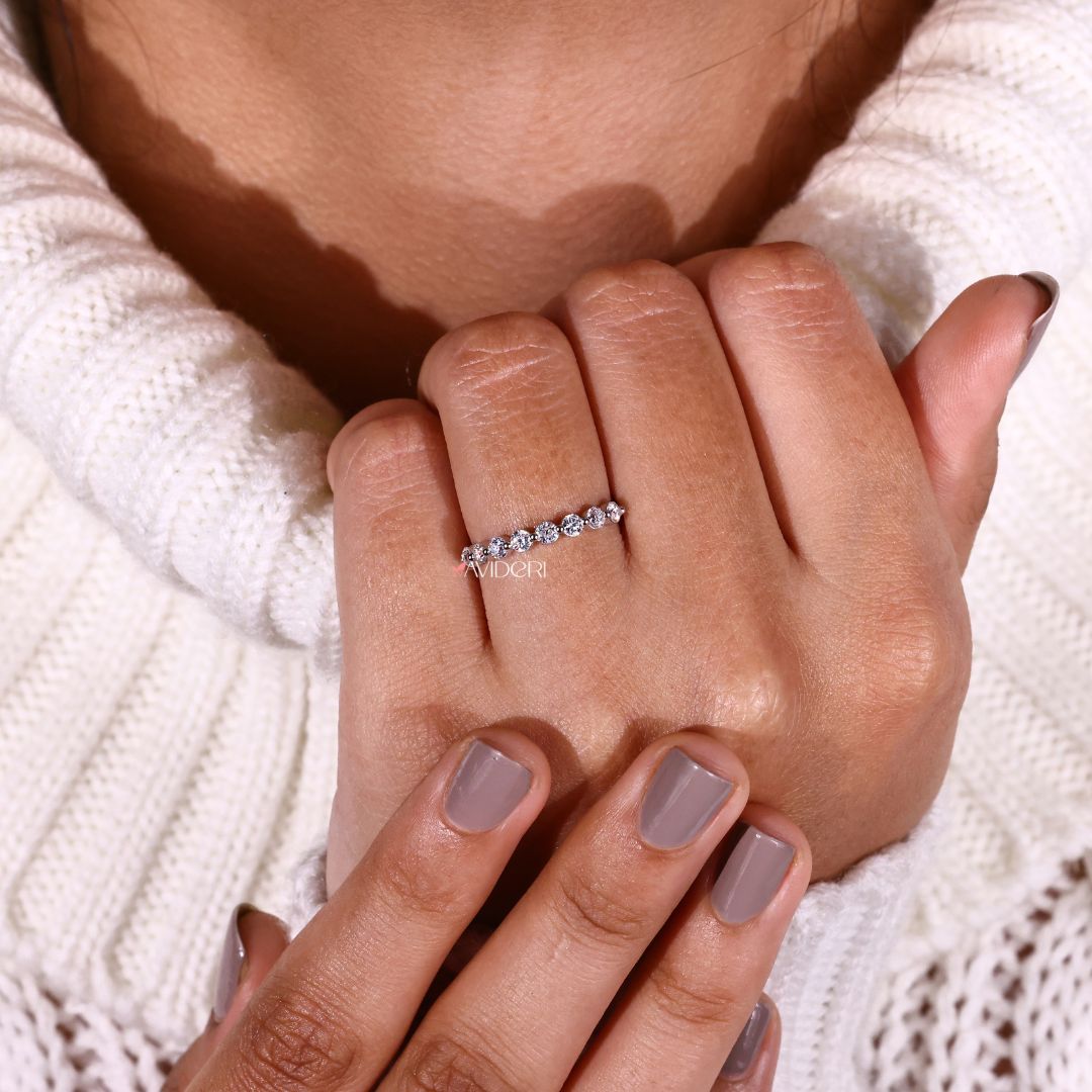 Half eternity band, half eternity wedding band, shared prong band.