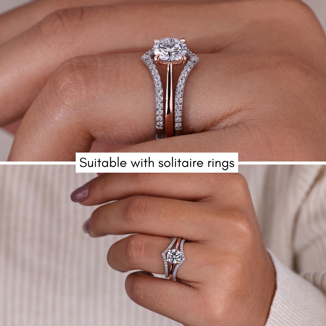 A designer wedding band adds a unique touch with creative design.