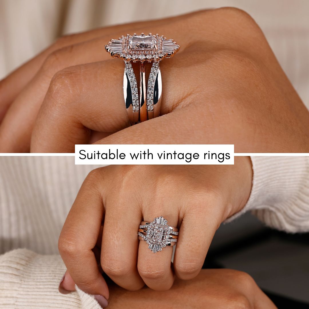 This moissanite wedding band shines with lasting brilliance.